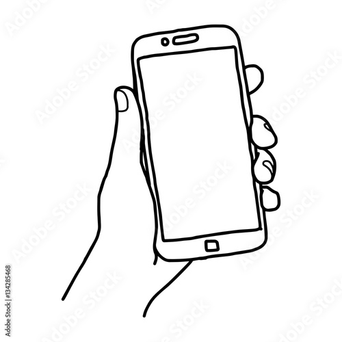 illustration vector doodle hand drawn sketch of human left hand with smartphone