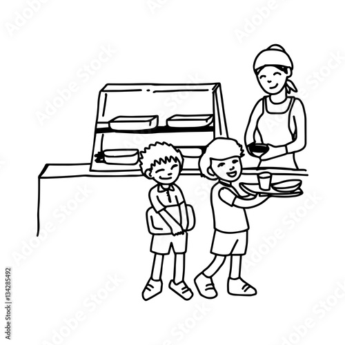 illustration vector hand drawn doodle of canteen with two boys holding tray