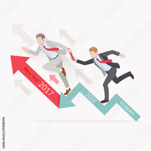 Business growth concepts. Two businessman passing the baton running relay race on arrow. Vector illustration.