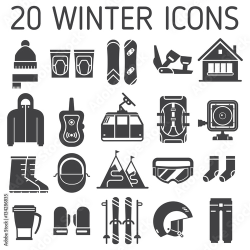 Winter sports and activity vector icon set. Mountain ski and snowboard equipment collection. Ski resort outline icons. Winter active lifestyle element with skiing and snowboarding gear and essentials.