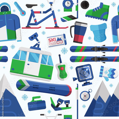 Winter lifestyle seamless background with skiing and snowboarding equipment. Winter sports pattern with ski resort icons including snowboard, skis, snow-bike. Extreme sport and activity texture.
