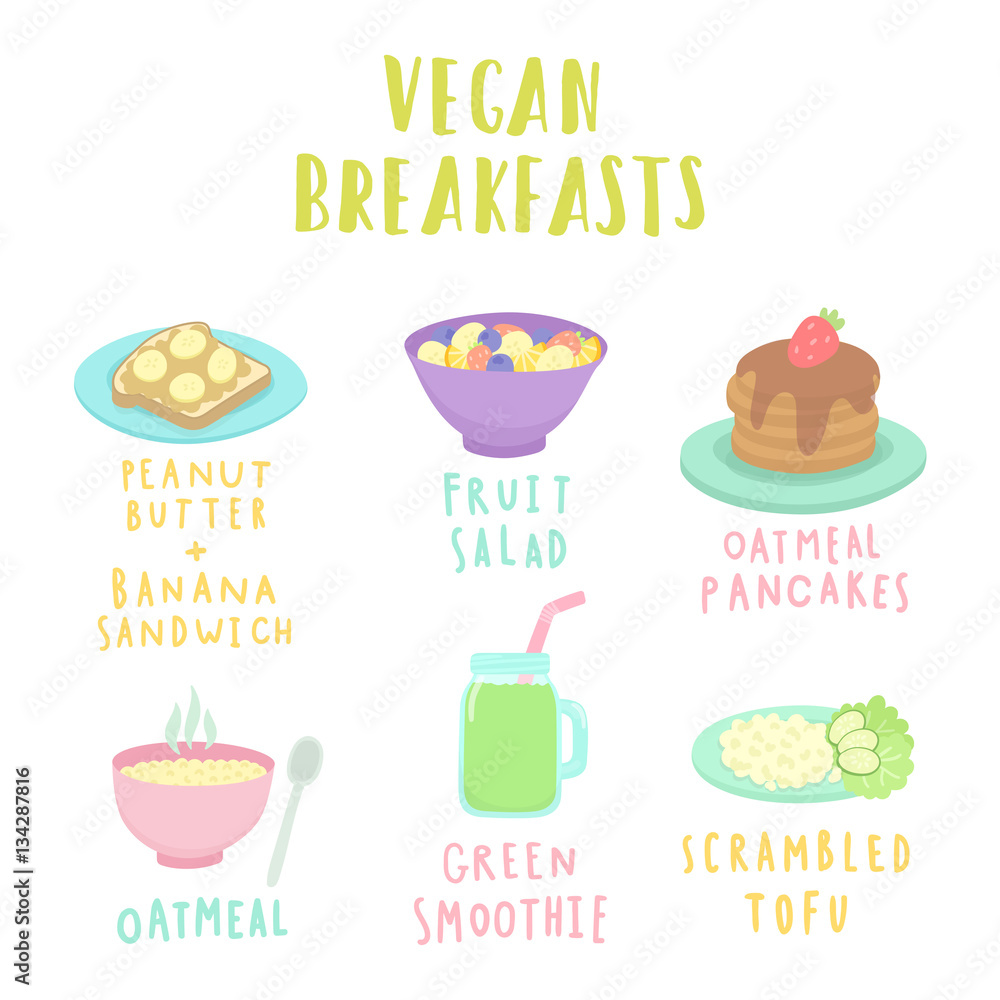 Types of vegan breakfast. Scrambles tofu, pancakes and smoothie. Vector illustration.