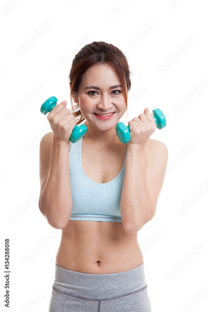 Beautiful Asian healthy girl exercise with dumbbell. Beautiful Asian healthy girl exercise with dumbbell.