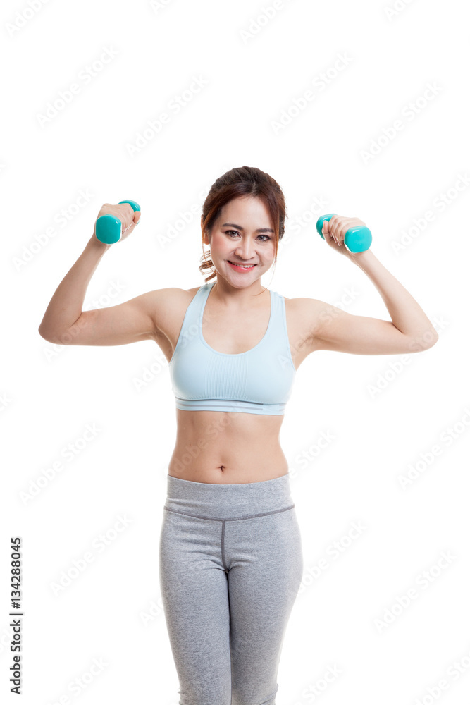 Beautiful Asian healthy girl exercise with dumbbell. Beautiful Asian healthy girl exercise with dumbbell.
