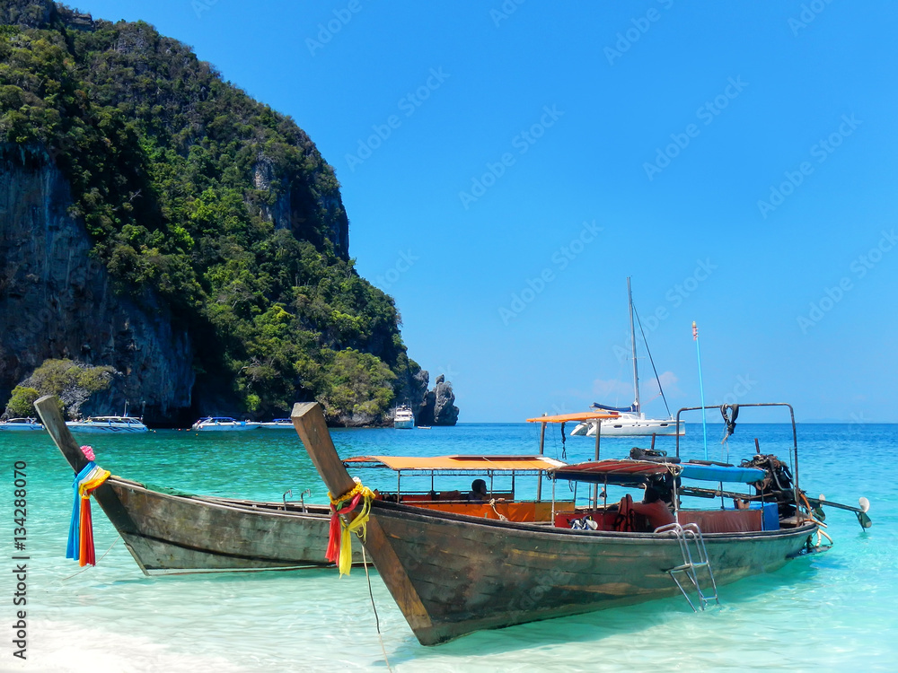 Longtail boats anchored at Ao Yongkasem beach on Phi Phi Don Isl