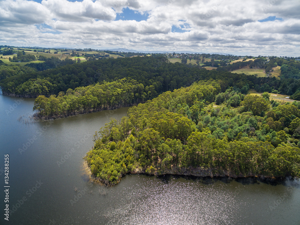 Fototapeta premium Aerial landscape view of Australian countryside during hot summer day. Tarago Reservoir, Victoria,Australia.