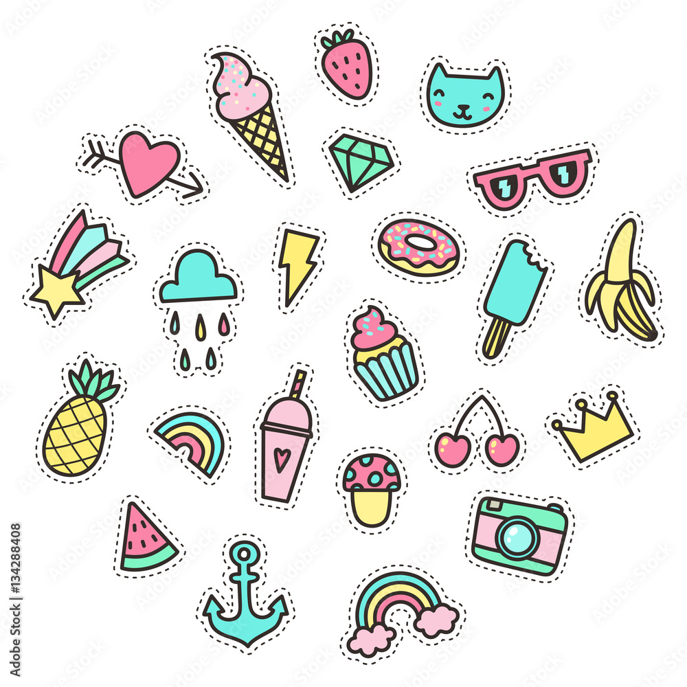 Cute funny small objects. Food and symbols etc. Vector ...