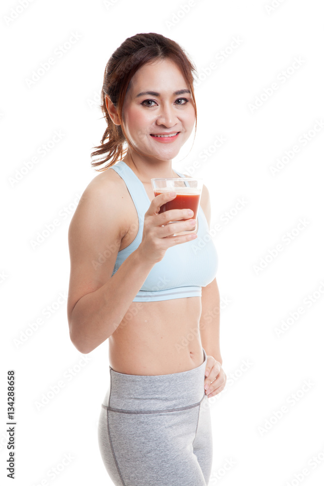 Beautiful healthy Asian girl with tomato juice. Beautiful healthy Asian girl with tomato juice.