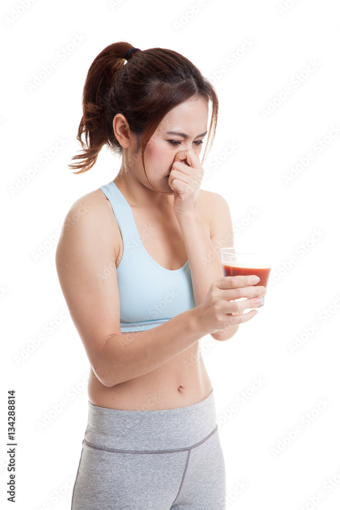Beautiful healthy Asian girl hate tomato juice. Beautiful healthy Asian girl hate tomato juice.