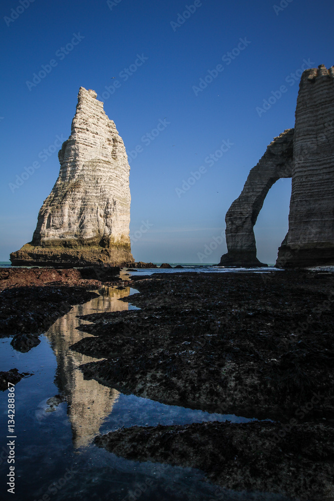 Beautiful and fabulous seaside cliffs with large natural arch,  picturesque cliff of Etretat at tide water, Normandy, France