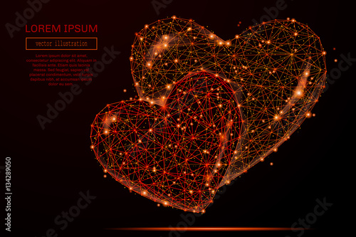 Abstract mash line and point two hearts in flames style on dark background with an inscription. Starry sky or space, consisting of stars and the universe.