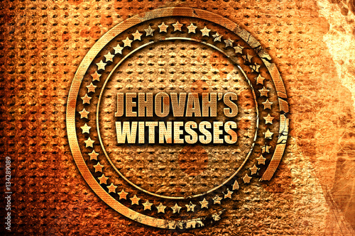 Photography jehovah's witnesses, 3D rendering, grunge metal stamp