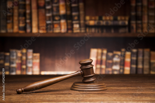 Law and justice concept, Brown wooden background