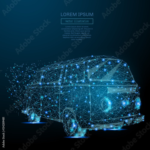 Abstract image of Surfer van in the form of a starry sky or space, consisting of points, lines, and shapes in the form of planets, stars and the universe. Travel vector wireframe concept