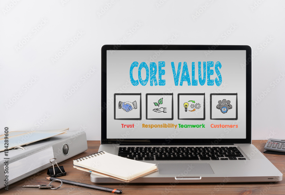 Core Values concept. Office desk with a laptop. Core Values concept. Office desk with a laptop.