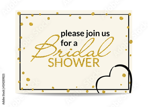 Bridal shower invitation with gold glitter text and dots