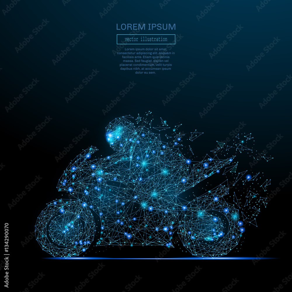 Naklejka premium Abstrakcyjny obraz wyścigów motocyklowych w postaci rozgwieżdżonego nieba lub przestrzeni, składający się z punktów, linii i kształtów w postaci planet, gwiazd i wszechświata. Koncepcja szkielet wektor.