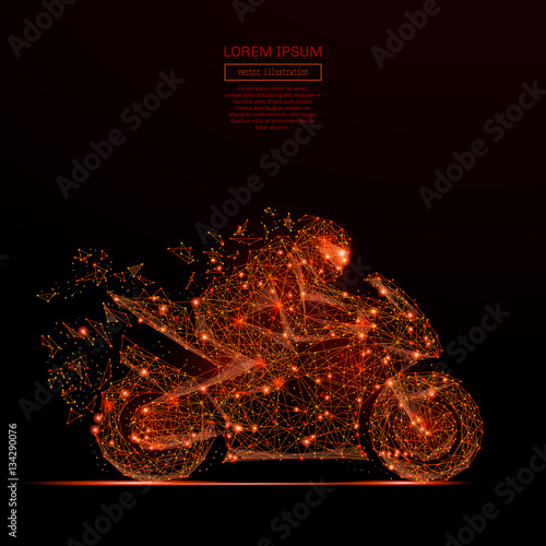 Abstract mash line and point motorcycle racing in flames style on dark background with an inscription. Starry sky or space, consisting of stars and the universe Vector illustration