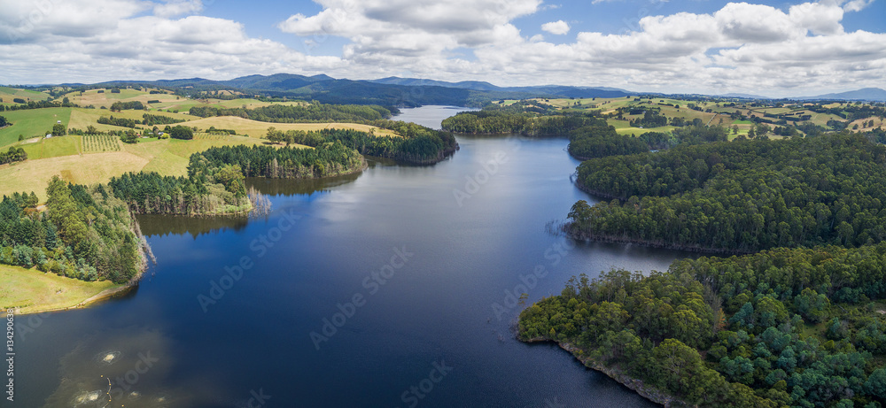 Aerial panoramic landscape of lake in Australian countryside.