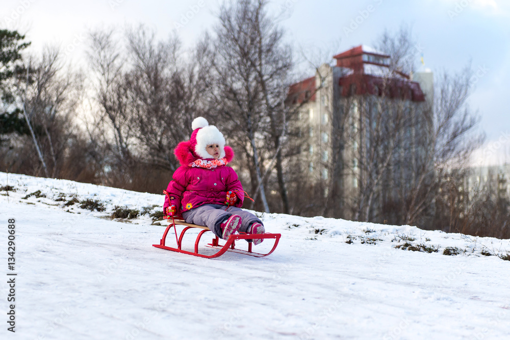 The child, a little girl riding on a sled with snow slides. Winter fun for children.