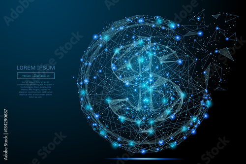 Dollar coin from abstract polygonal points blue. Low poly coin in motion, lines and connected to form, vector illustration.