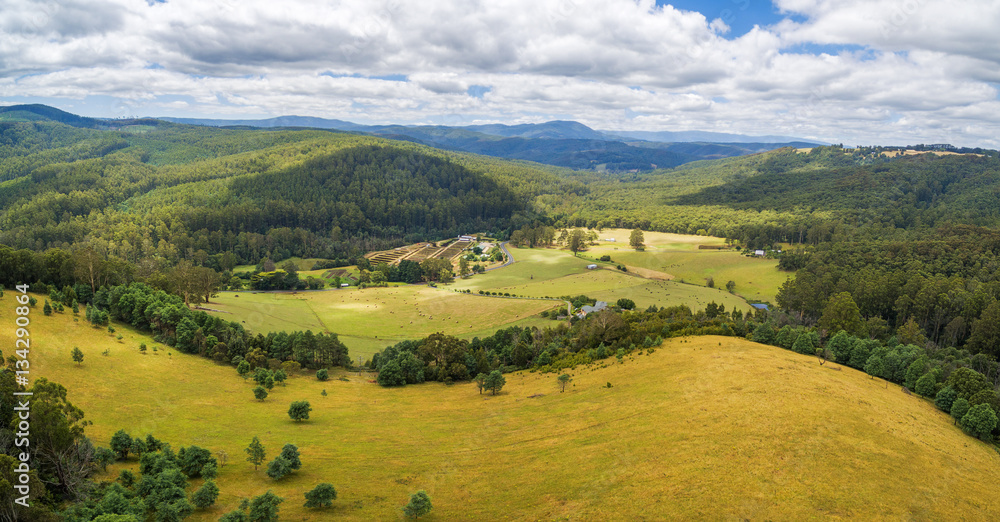 Aerial panorama of beautiful countryside with pastures and forested hills