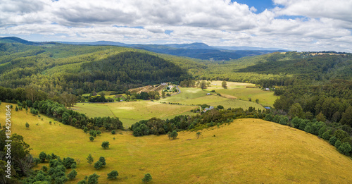 Aerial panorama of beautiful countryside with pastures and forested hills