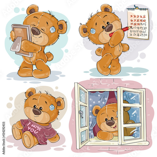 Set vector clip art illustrations of bored teddy bears.