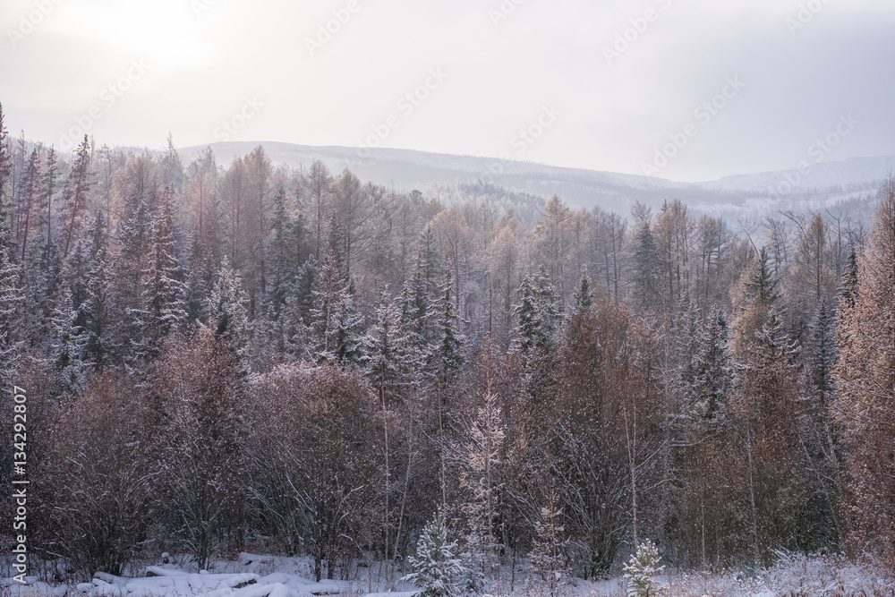 View of snow-covered mountains on a cold day View of snow-covered mountains on a cold day