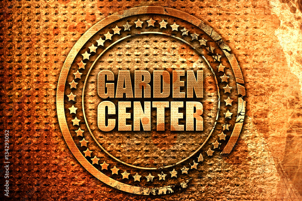 garden center, 3D rendering, grunge metal stamp