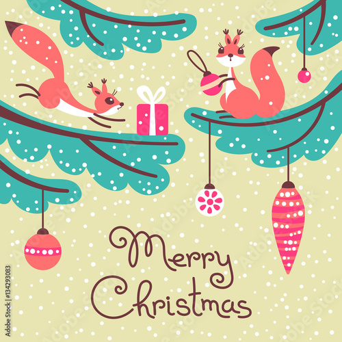 Merry Christmas. Cute little squirrels with gift on trees.