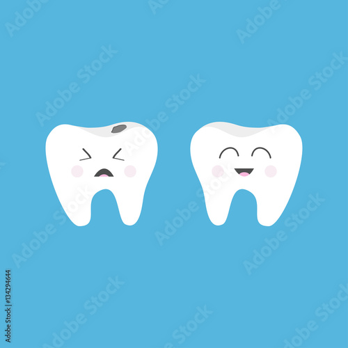 Healthy smiling tooth icon. Crying bad ill teeth with caries. Cute character set. Oral dental hygiene. Baby blue background. Flat design.