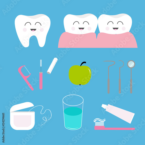 Tooth health icon set. Toothpaste, toothbrush, dental tools instruments, thread, floss, mirror, brush, water. Children teeth care. Oral hygiene Baby background Flat design