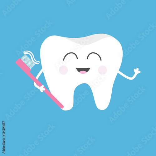 Healthy tooth holding toothbrush with toothpaste. Cute funny cartoon smiling character. Children teeth care icon. Oral dental hygiene. Baby background. Flat design.