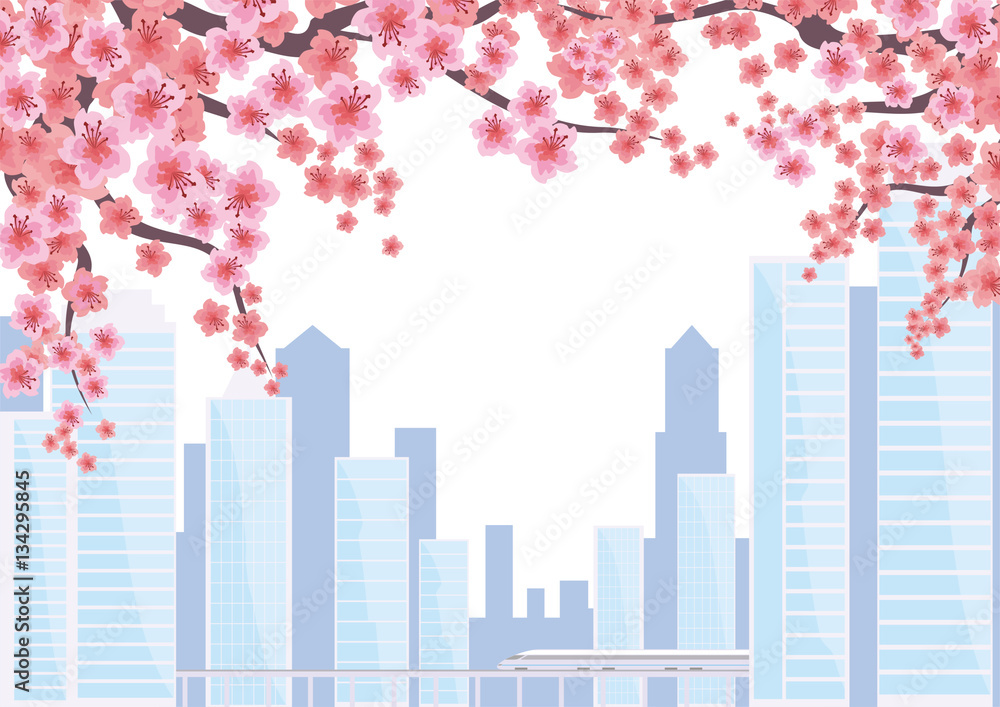 Beautiful spring city landscape with the blossoming Oriental cherry and skyscrapers. Vector background.