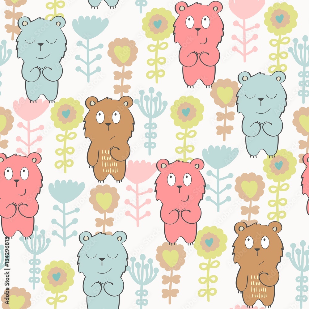 Obraz premium Vector seamless pattern with bear and flowers