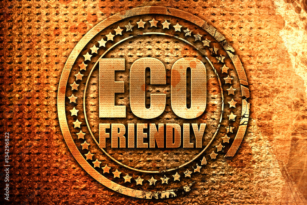 eco friendly, 3D rendering, grunge metal stamp