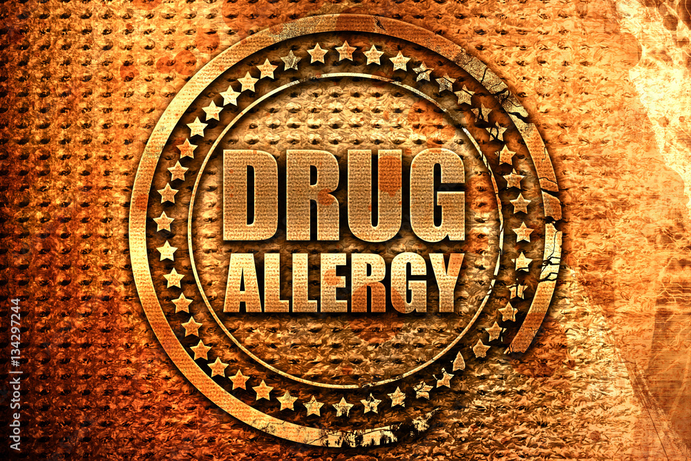 drug allergy, 3D rendering, grunge metal stamp
