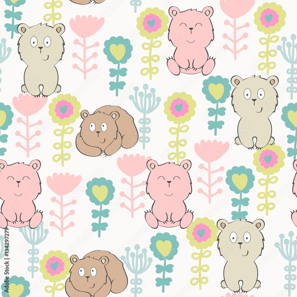 Vector seamless pattern with bear and flowers Vector seamless pattern with bear and flowers