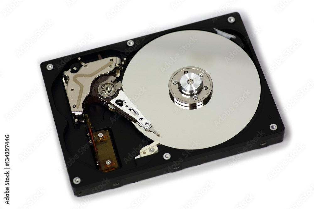 Harddisk drive (HDD) with top cover open isolated on white background Harddisk drive (HDD) with top cover open isolated on white background