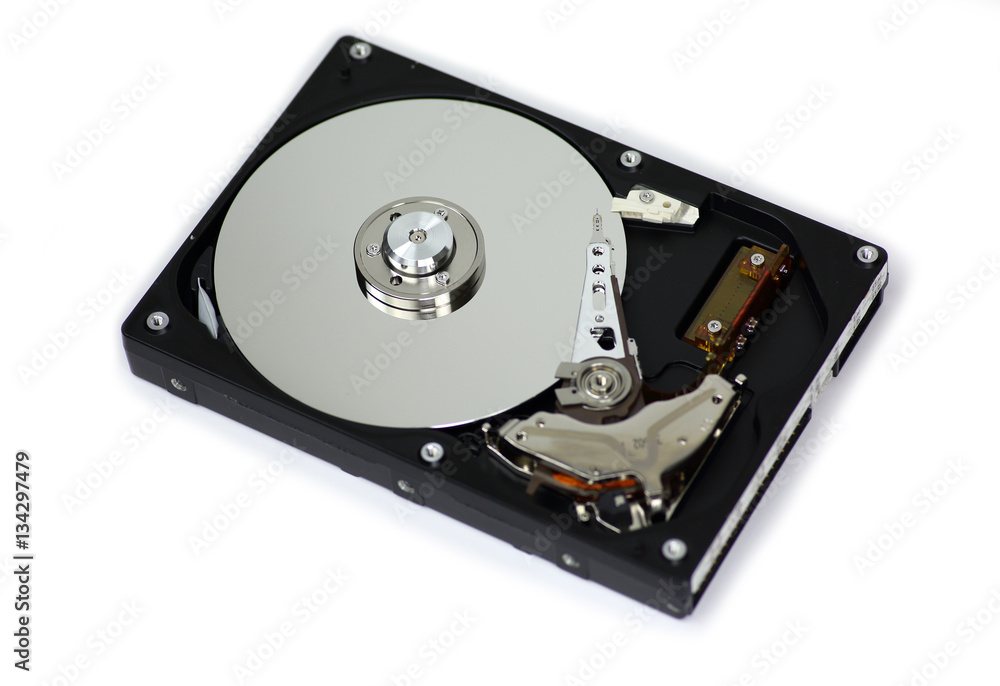 Harddisk drive (HDD) with top cover open isolated on white background Harddisk drive (HDD) with top cover open isolated on white background