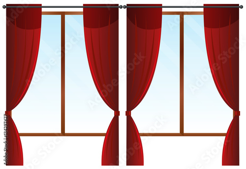 Windows with red curtains