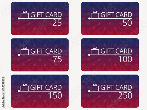 Gift card with a gift box and stars. Gradient background color. Set of vector illustrations