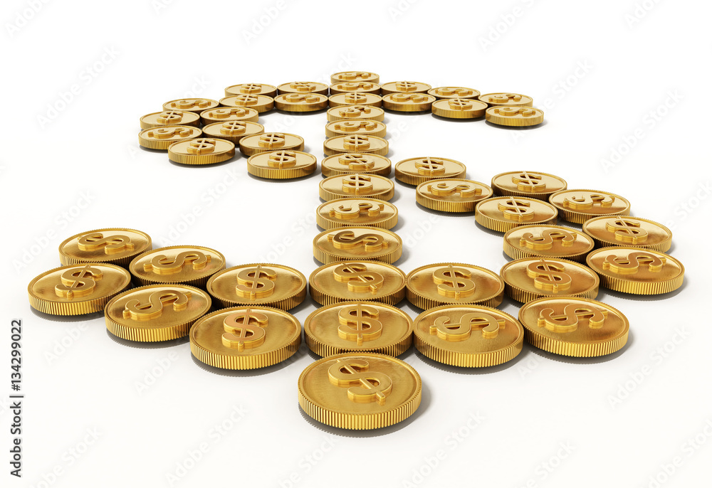 Gold coins forming dollar symbol. 3D illustration Gold coins forming dollar symbol. 3D illustration
