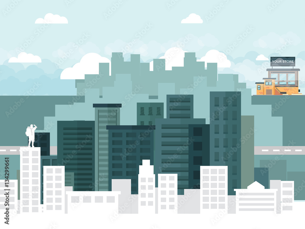 Promotional store flat illustration design, people looking through building