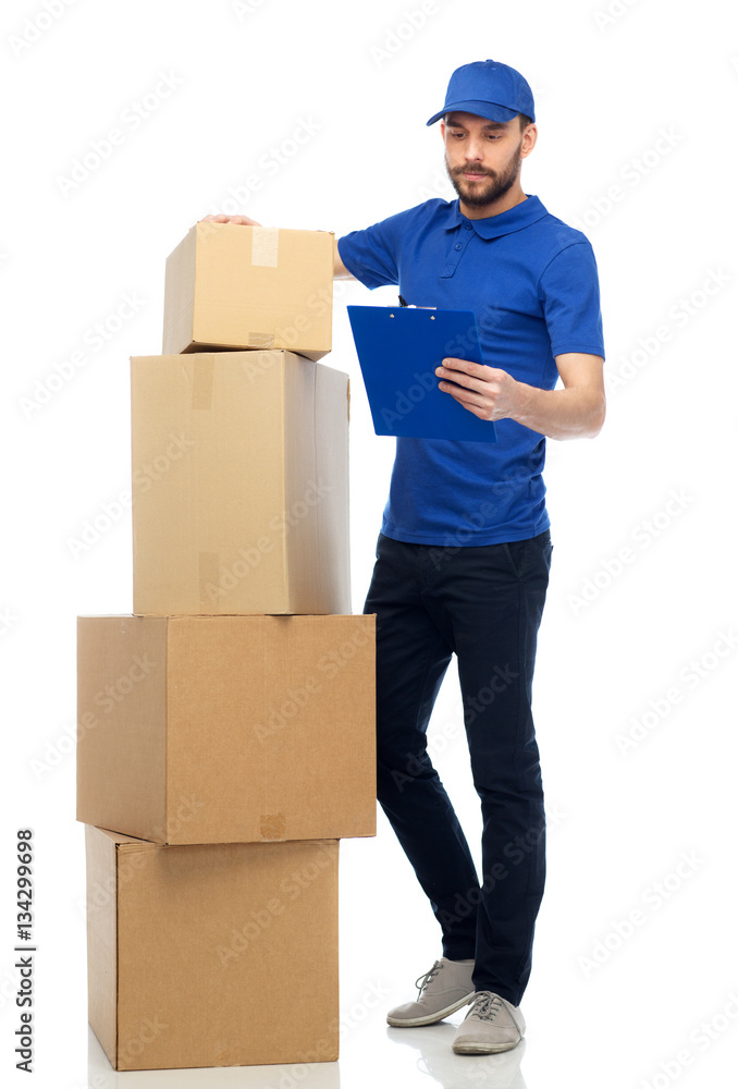 delivery man with parcel boxes and clipboard delivery man with parcel boxes and clipboard