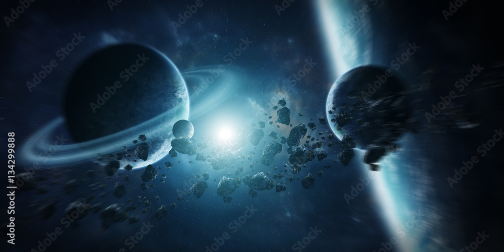 Obraz premium Sunrise over distant planet system in space 3D rendering element