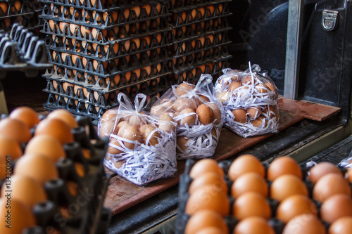 Closeup of many fresh brown eggs in carton tray, packeging egg for sale photo