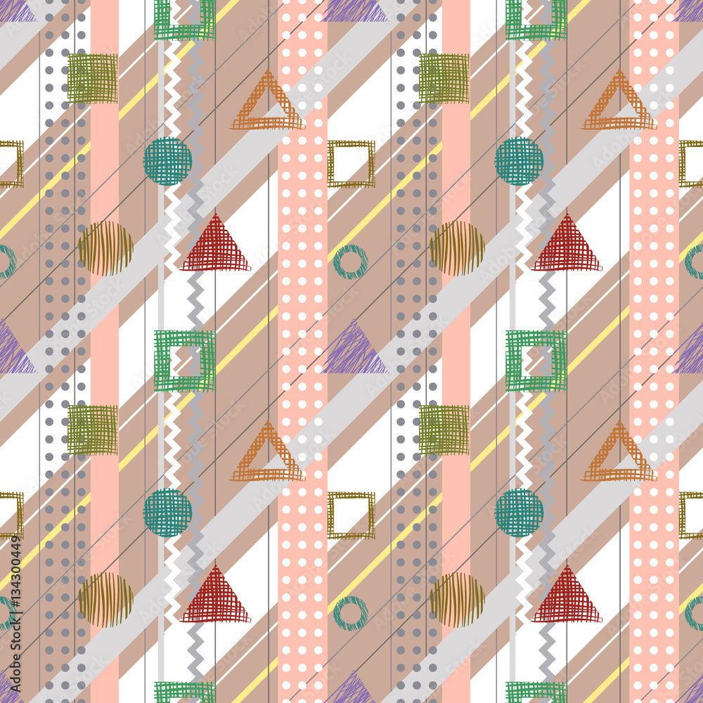 Fototapeta premium Seamless vector geometrical abstract pattern with lines, dots, diagonal stripes. Endless background with different hand drawn geometric figures.