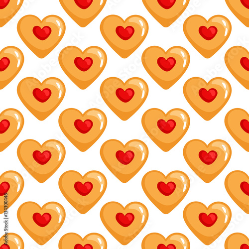Biscuits or cookies hearts seamless pattern. Heart shaped shortbread vector background